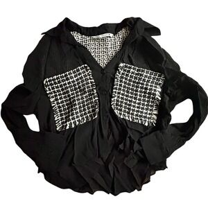 ZARA Houndstooth Pocket Blouse‎ Black & White Button Down Top Semi Sheer MED EUC